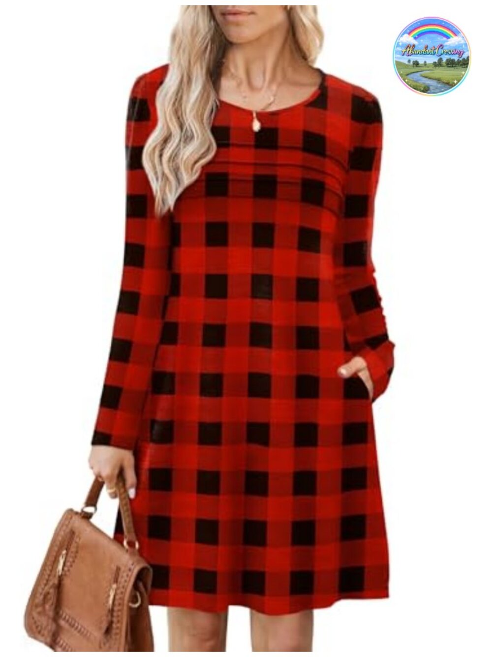 Womens Long Sleeve Tunic Sweater Dress Pleated Front Knee Length with Pockets